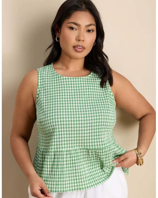 Live Unlimited London Green Gingham Cotton Peplum Top