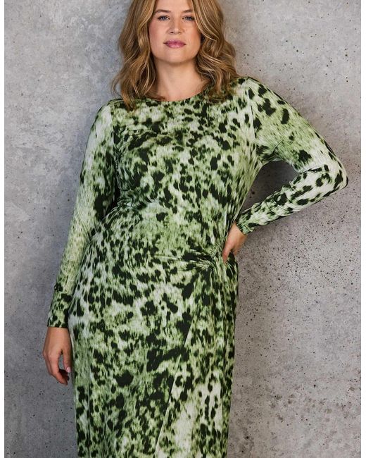 Live Unlimited London Green Animal Abstract Print Ruched Jersey Dress