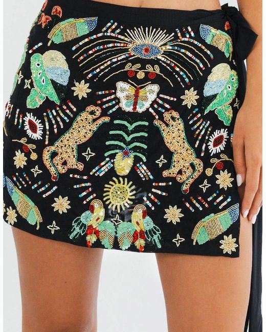 Oceanus Green Aurelia Embroidered Luxury Mini Skirt