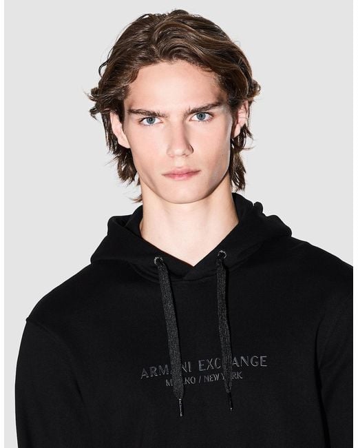 ARMANI EXCHANGE Black Pullover Hoodie With Tonal Milano/New York Logo for men