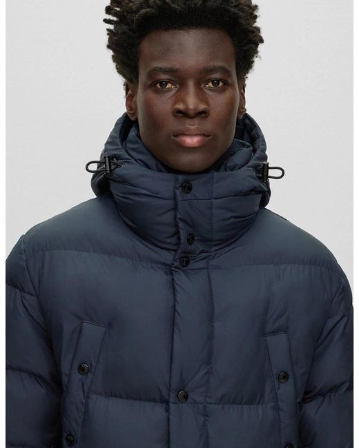 Boss Blue Solid Patterned Hooded Puffer Coat for men