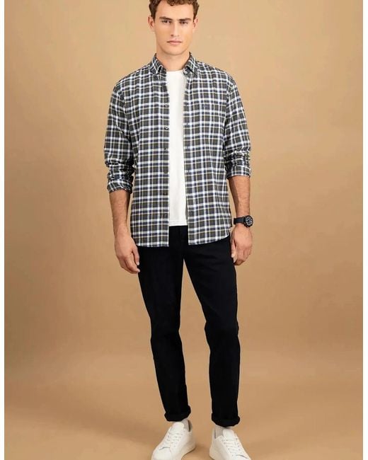 Fynch-Hatton Blue Premium Flannel Check Button Down Shirt Dark Ivy for men