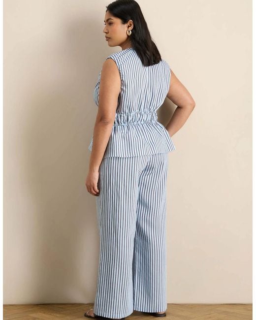 Live Unlimited London Blue And Chocolate Stripe V Neck Elasticated Peplum Top