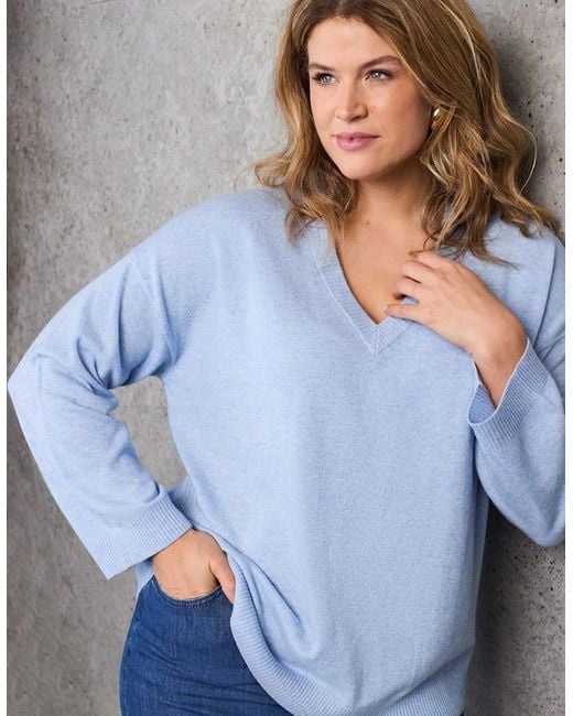 Live Unlimited London Blue Pale V Neck Knitted Jumper With Cashmere