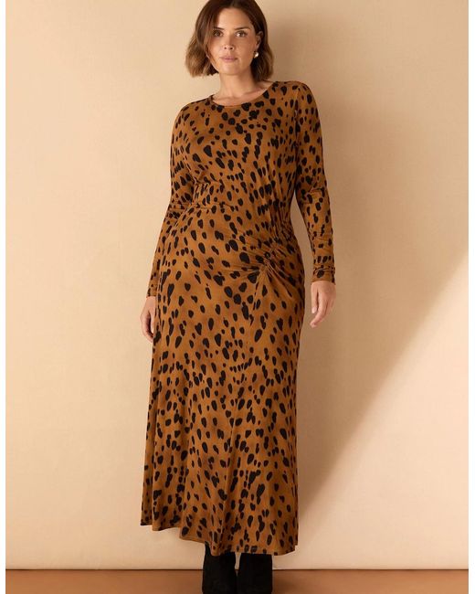 Live Unlimited London Brown Animal Print Ruched Jersey Dress