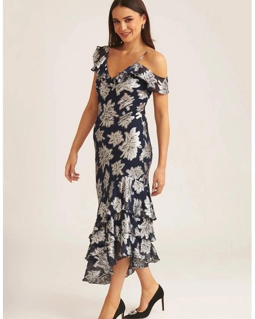 Gini London Black Floral Clipped Tiered Ruffle Midi Dress