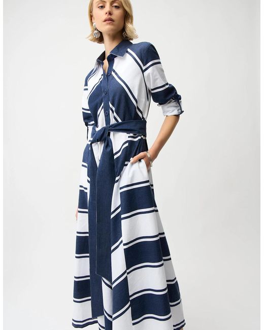 Joseph Ribkoff Natural Cotton Stripe Print Fit And Flare Dress With Reversible Sash