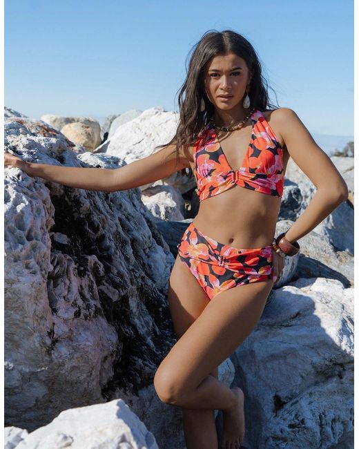 Gini London Red Contrast Floral High Waisted Bikini Bottom