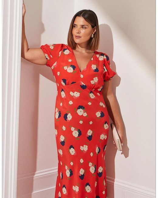 Live Unlimited London Red Floral Puff Sleeve Midi Dress
