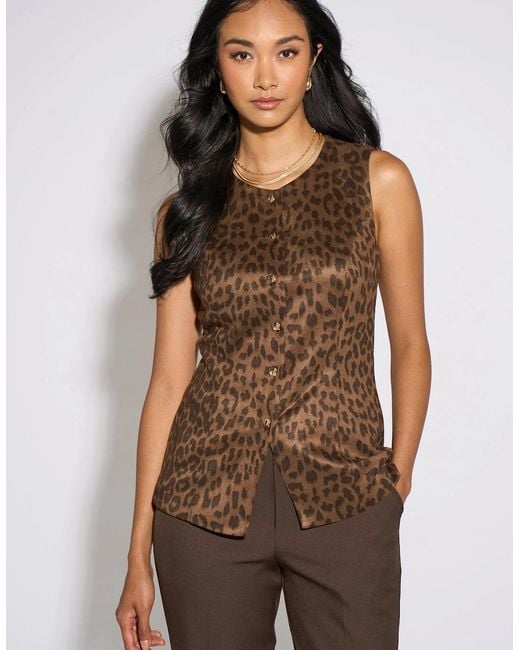 Gini London Brown Animal Print Button Waistcoat Top