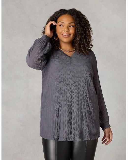 Live Unlimited London Gray Textured Rib Trim Blouse