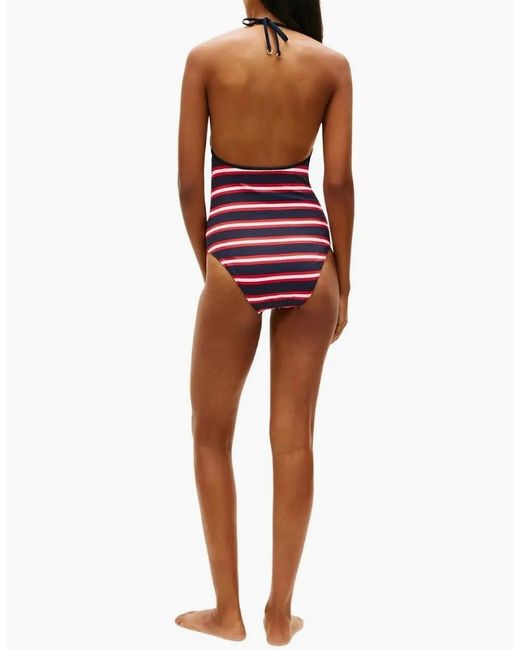 Tommy Hilfiger Red Th Texture Halterneck Swimsuit, New Preppy Stripe