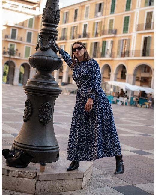 Gini London Blue Animal Print Shirred High Neck Maxi Dress