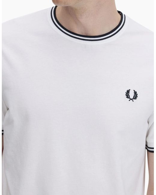 Fred Perry White Twin Tipped T Shirt Crew Neck Short Sleeve Summer Tee for men
