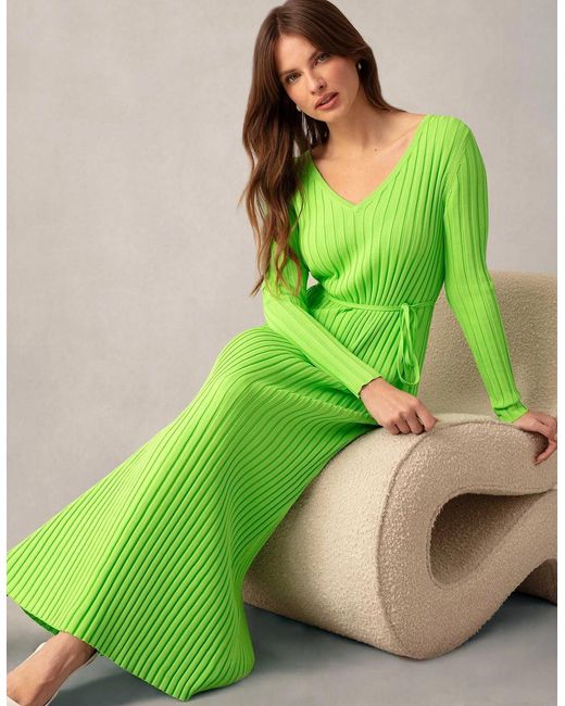 Ro&zo Green Lime Wide Rib Knit V-Neck Maxi Dress
