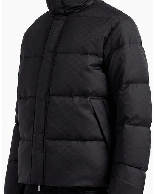 Emporio Armani Blue Quilted Puffer Jacket With All-Over Jacquard Eagle for men