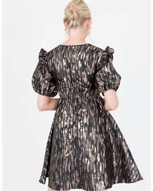 Lovedrobe Metallic V-Neck Short Sleeve Mini A-Line Dress