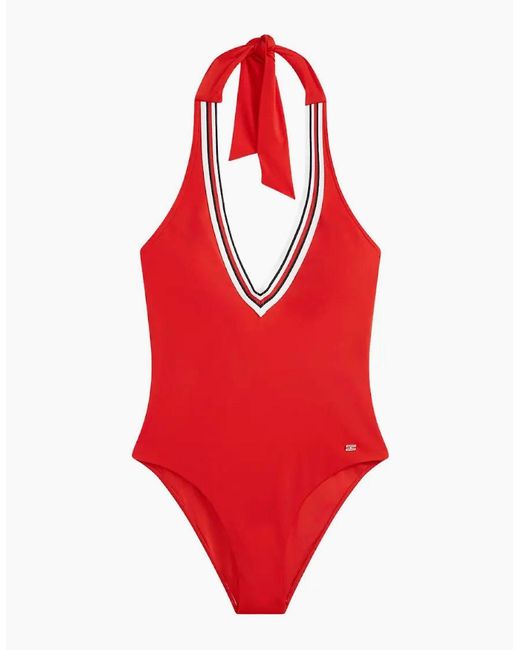 Tommy Hilfiger Red Global Stripe Halterneck Swimsuit, Fireworks