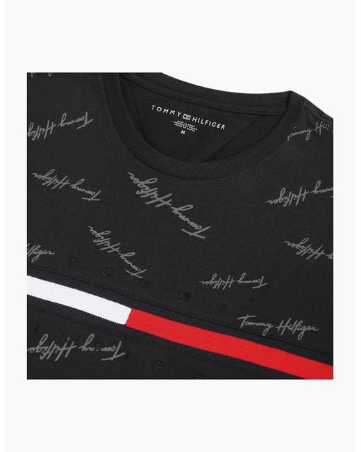 Tommy Hilfiger Black T Shirt Signature Flag Striped Crew Neck Summer Cotton Tee for men