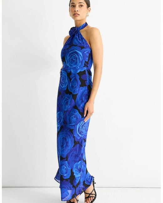 Gini London Blue Floral Occasion Halter Maxi Dress
