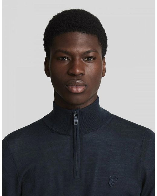 Lyle & Scott Blue Lyle & Scott Tonal Eagle Merino Quarter-Zip Jumper for men