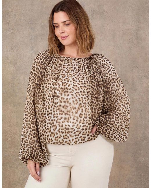 Live Unlimited London Brown Animal Print Blouson Sleeve Boho Blouse