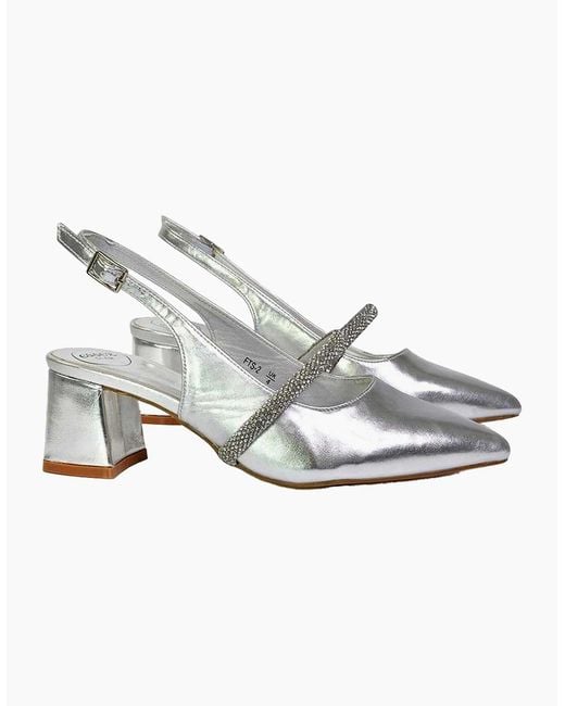 XY London White Ladies Sandie Diamante Pointed Medium Block Heel High Heels