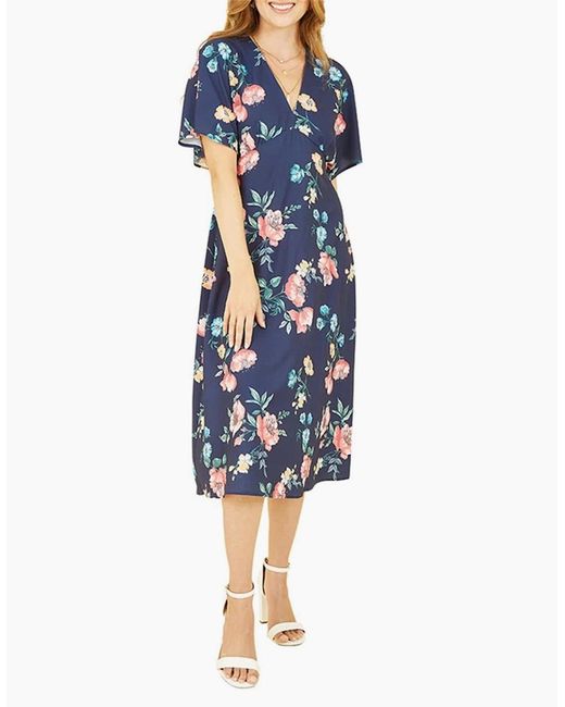 Yumi' Blue Floral V-Neck Midi Wrap Dress