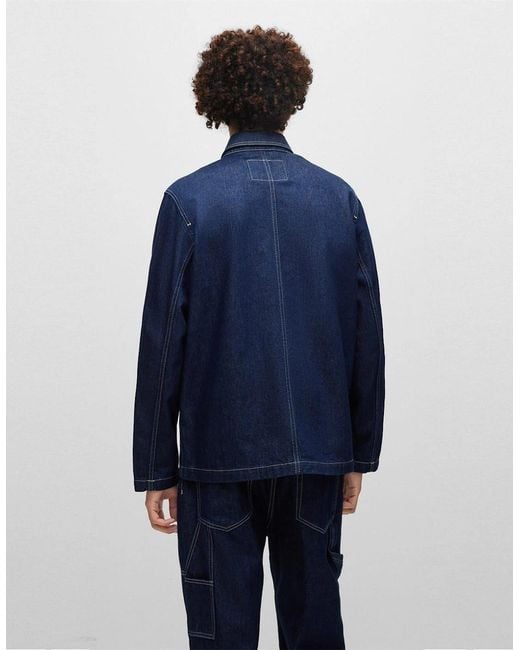 Boss Blue Solid Patterned Denim Jacket With Shirt Collar for men