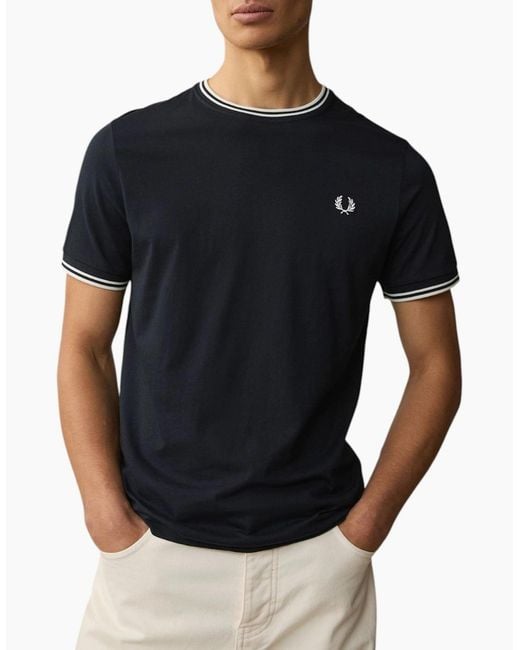 Fred Perry Blue Twin Tipped T Shirt Crew Neck Short Sleeve Summer Tee for men