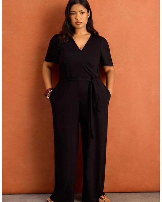 Live Unlimited London Blue Petite V Neck Wrap Flutter Sleeve Jersey Jumpsuit