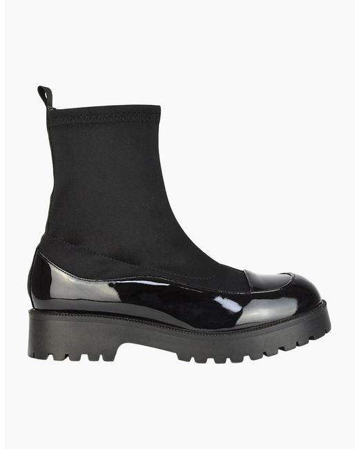 XY London Black Ladies Kerry Patent Chunky Flat Biker Boots