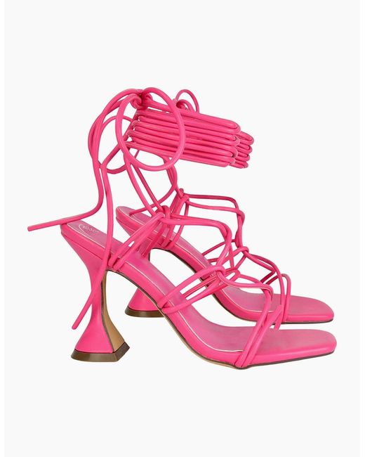 XY London Pink Ladies Briar Square Toe Lace Up Sculptured Mid Heel Sandals