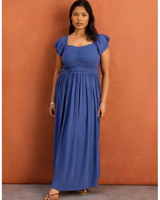 Live Unlimited London Blue Smocked Crinkle Flutter Sleeve Midaxi Dress