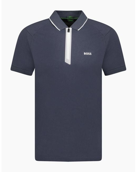 Boss Blue Stretch Slim-Fit Polo Shirt Zip Placket