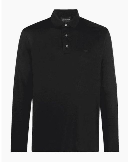 Emporio Armani Black Cotton Long Sleeve Polo Shirt for men