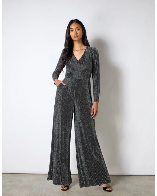 Ro&zo Gray Eliza Sparkle Jersey V-Neck Jumpsuit