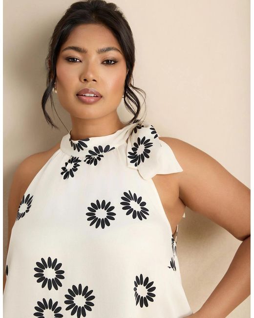 Live Unlimited London Natural Floral Print Bow Halter Neck Top