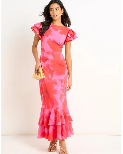 Gini London Pink Watercolor Floral Print Ruffle Midaxi Dress
