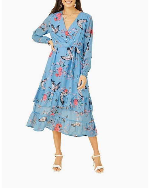 Yumi' Blue Crane Print V-Neck Midi Wrap Dress
