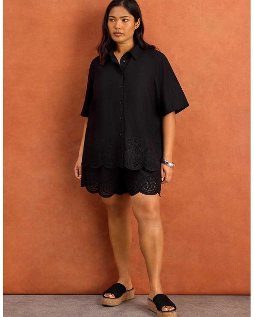 Live Unlimited London Black Linen Blend Broderie Shorts