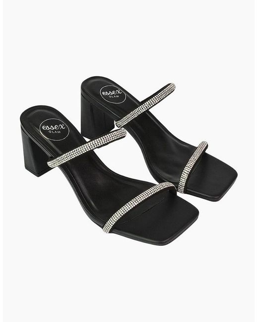 XY London Black Ladies Holden Diamante Square Toe Medium Block Mules
