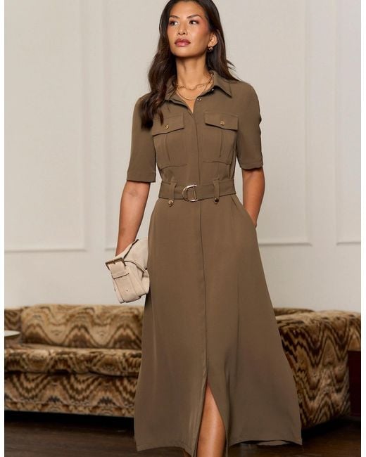 Gini London Brown Taupe Hardware Detail Utility Shirt Dress