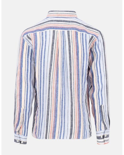 Fynch-Hatton Blue Stripe Pattern Pure Linen Button Down Shirt Tangerine for men