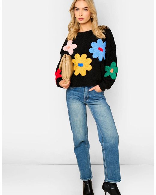 Gini London Blue 3D Flower Crochet Knitted Jumper
