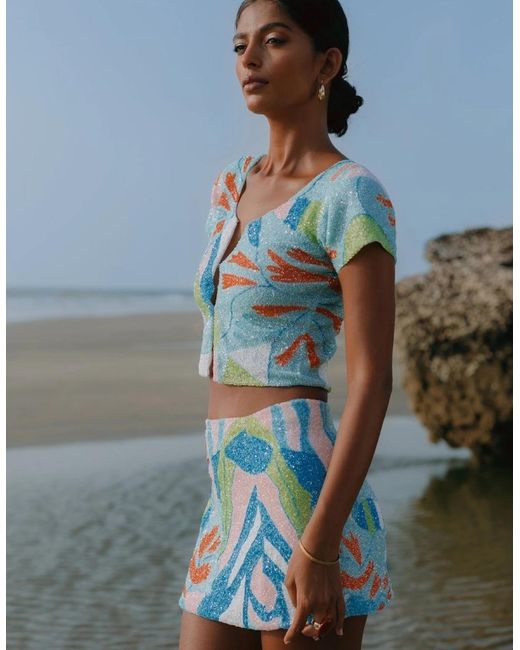 Oceanus Blue Maya Petal Hand Beaded Skirt Only X By Poppy