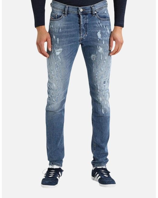 DIESEL Blue Tepphar 084Qs Denim Jeans Distressed Stretch Slim Carrot Fit for men