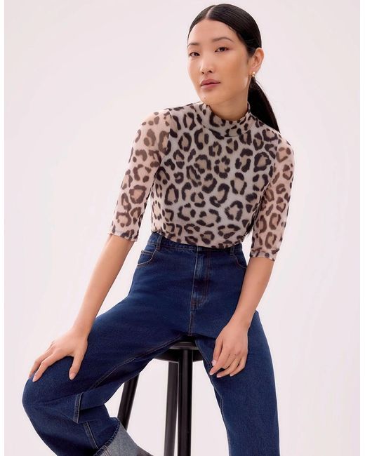 Ro&zo Gray Leopard Print Mesh Top