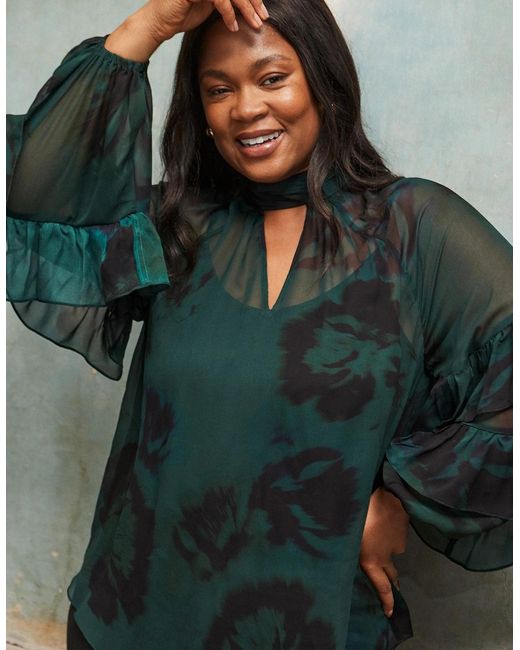 Live Unlimited London Green Floral Print High Neck Ruffle Blouse