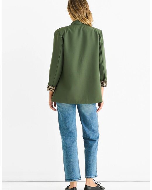 Gini London Green Khaki Contrast Animal Edge To Edge Blazer